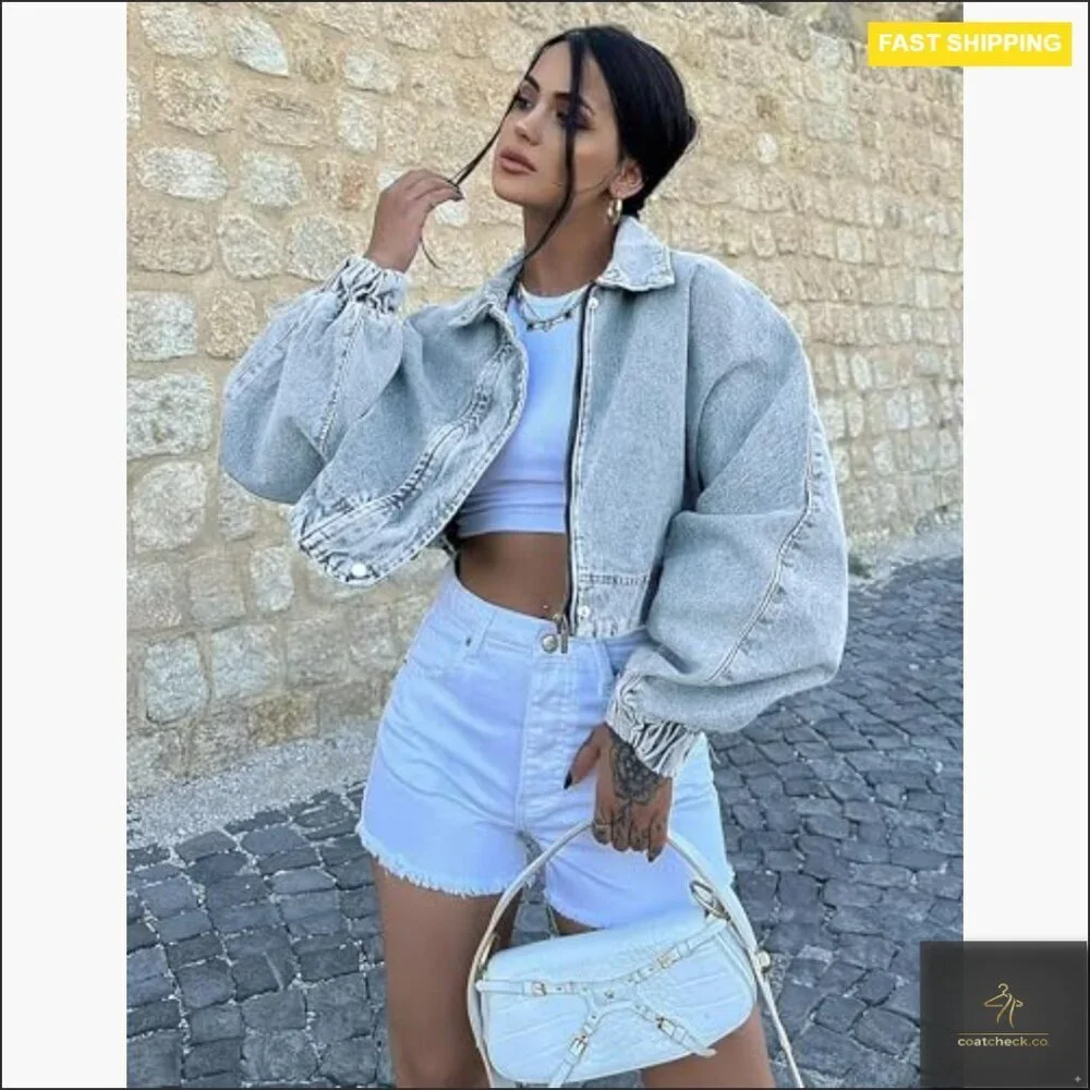 Oversized Cropped Denim Jacket Zip Up Bomber Shacket Light Wash